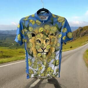 Primal‎ SIZE Large Short-Sleeve Cycling Jersey Floral Lion Print Zip blue yellow